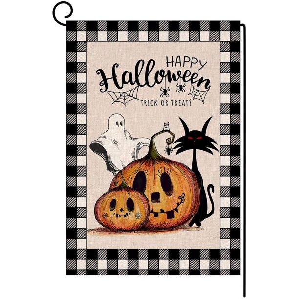 Bandera de jardín vertical de doble cara con diseño de gato fantasma y calabaza de Halloween, arpillera con cuadros negros de búfalo, decoración para exteriores, 12 x 18 pulgadas