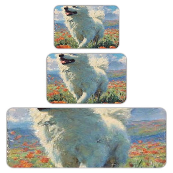 RKSupls Kitchen Rug Set 3 Piece Anti-Slip Flannel Floor Mats, Samoyed Dog Poppies Washable Absorbent Runner Mats for Kitchen Bathroom Home Decor