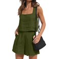 thumbnail image 2 of Womens 2 Piece Outfits Linen Square Neck Crop Tops Short Set 2023 Lounge Matching Sets Trendy Clothes Beach Summer, 2 of 9