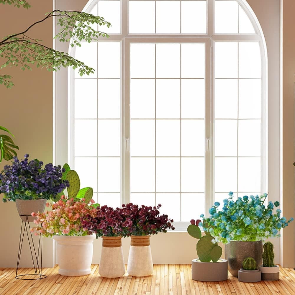 6 Bundles Artificial Eucalyptus Flowers, Fake Artificial Greenery UV Resistant No Fade Faux Plastic Plants for Wedding Bridle Bouquet Outdoor Home Garden Kitchen Office Table Vase(Brown)