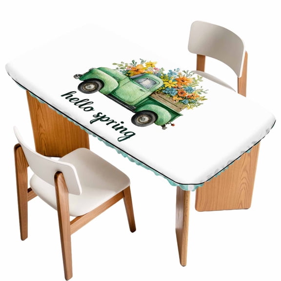 Hello Spring Table Cloths for 3 Foot Rectangle Tables, Easter Flowers Green Truck Floral Blue Plaid Patio Waterproof Elastic Fitted Tablecloths, Washable Rectangular Table Cover for Camping