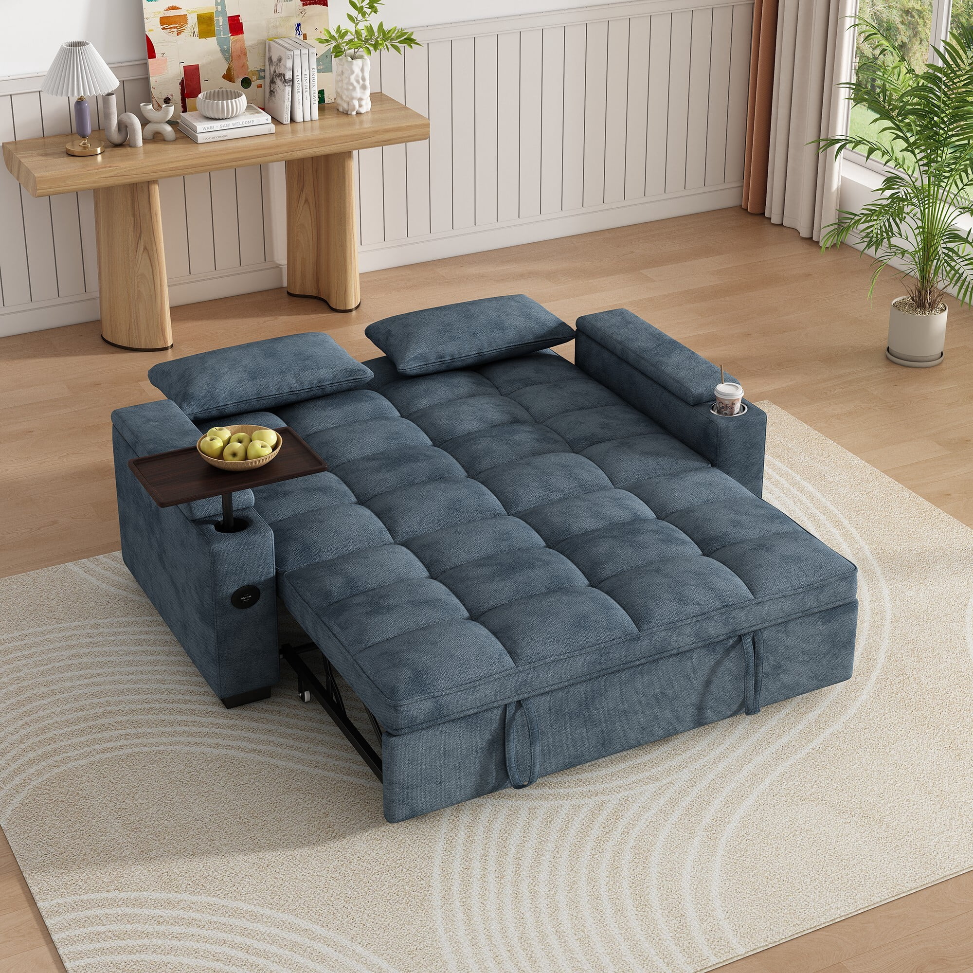 DEALTOPS 65" 3-in-1 Sleeper Sofa Bed, 3-Position Pull Out Couch with 90° Swivel Table, USB & Storage, Chenille, Blue
