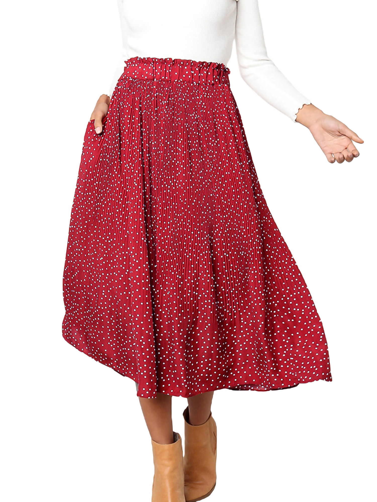 KOMOO Women Pleated Long Skirt Boho Dot High Elastic Waist Long Skirts  Pocket A Line Swing Skirts - Walmart.com