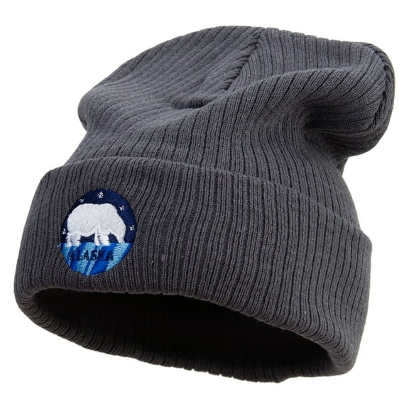 Polar Bear in Alaska Embroidered Big Size Cuff Long Beanie - Charcoal XL-3XL