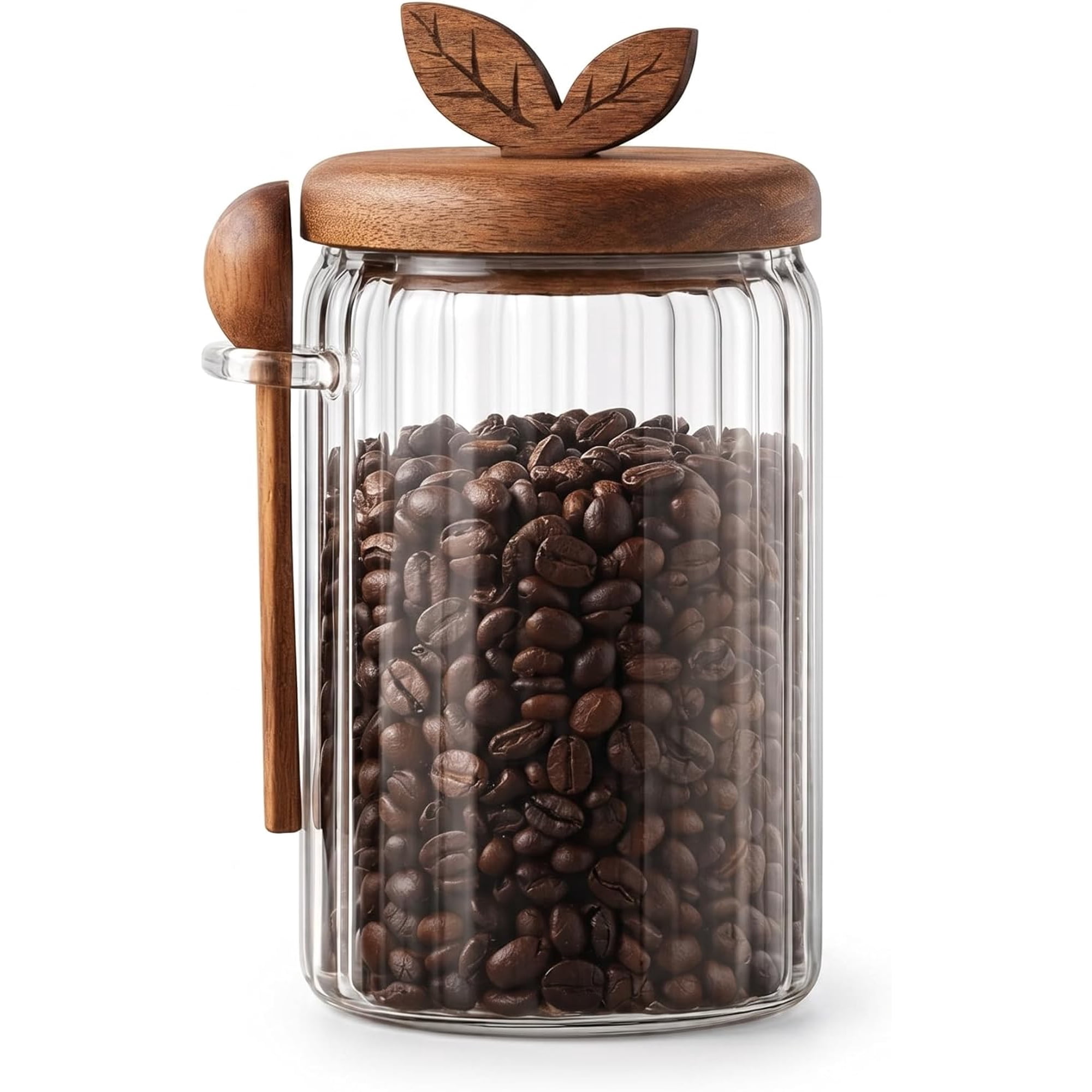 Glass Coffee Canister with Wooden Lid & Spoon Airtight Food Storage Jar for Coffee Sugar Salt Tea Snacks (27floz)