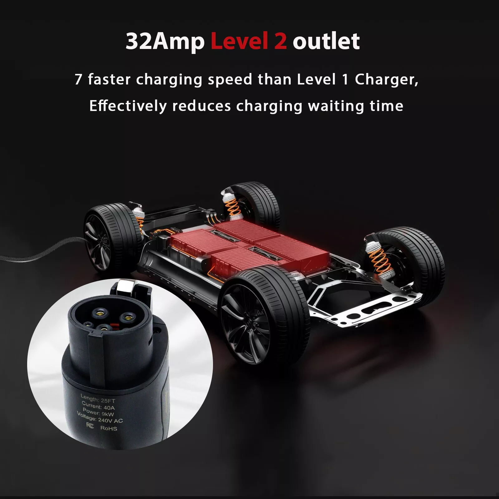 Portable 240V Level 2 EV Charger with 25FT Charging Cable and NEMA 14-50 32A