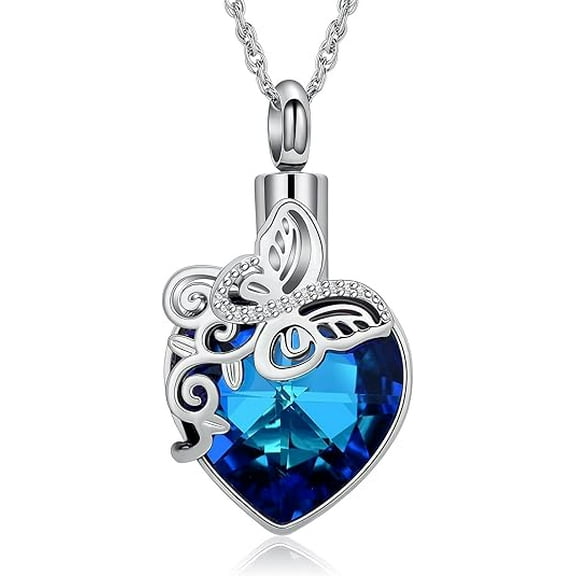 Crystal Butterfly Urn Necklace for Women Men Ashes Necklace Heart Cremation Jewelry with Crystal Birthday Christmas Jewelry Gifts Keepsake Pendant Necklace Memorial Cremation Jewelry for Women