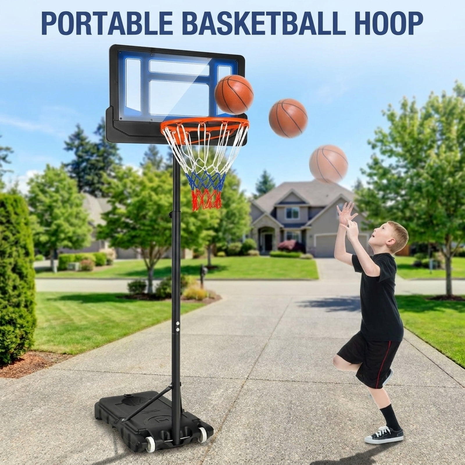 Airfind Portable Basketball Hoop with Adjustable Height 4.3 to 8.2 ft Range and Fillable Stabilizing Base and Wheels for Outdoor Driveway Play, Blue