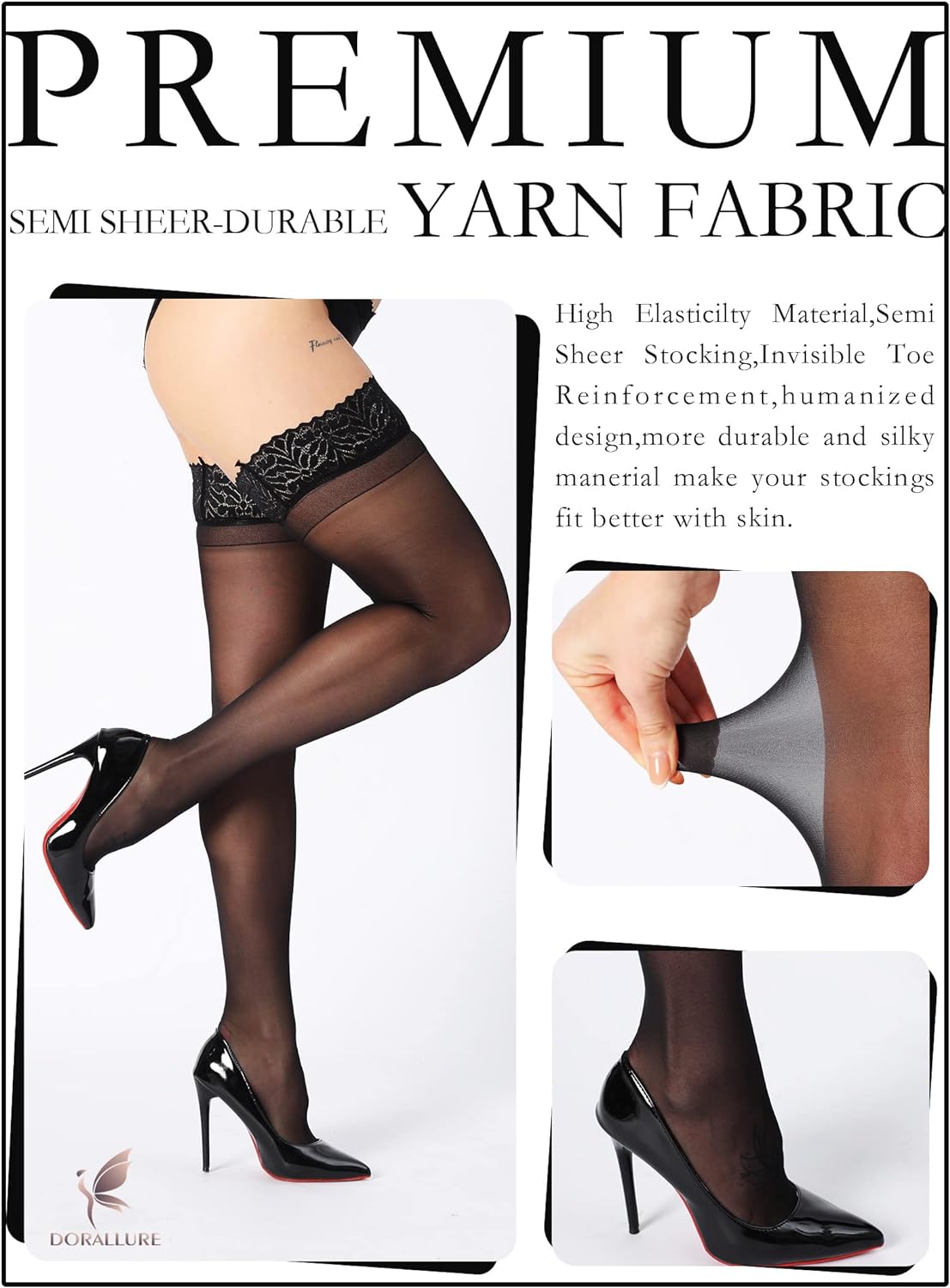 3 Paires De Collants Hauts De Cuisse En Dentelle - Noir, Chair, Café, Tailles L à XL, Soie Légère - 4