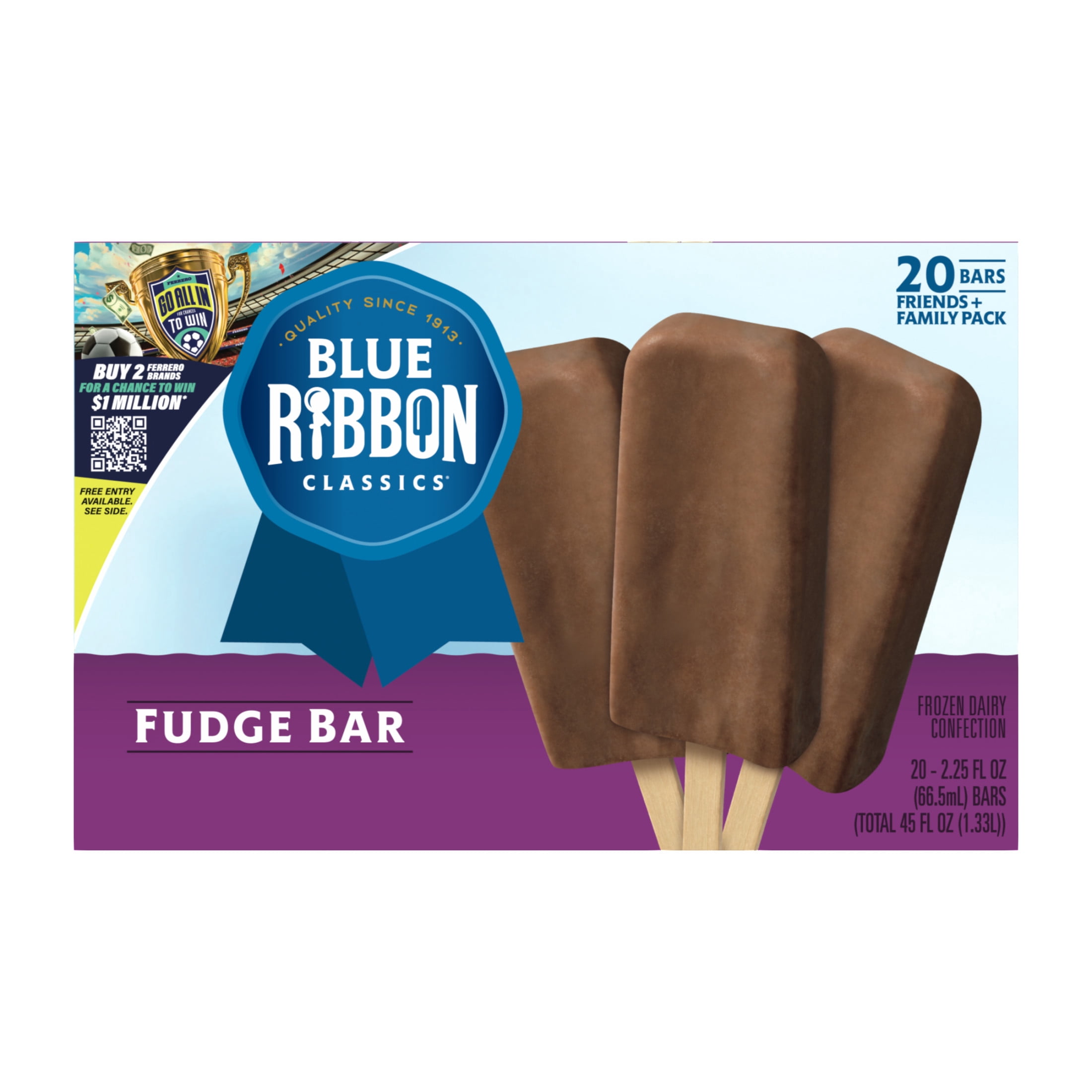 Blue Ribbon Classics Chocolate Flavored Fudge Frozen Dessert Treat Bar, 45 fl oz, 20 Pack
