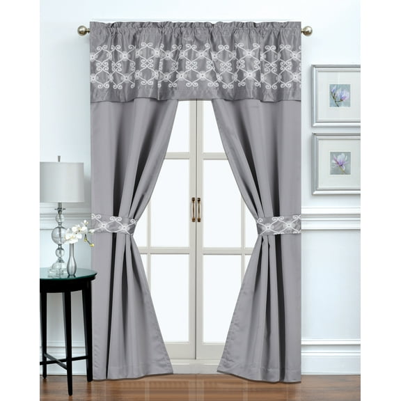 Complete 5 Piece Floral Embroidered Blackout Attached Window in a Bag Rod Pocket Curtain Set - Assorted Colors