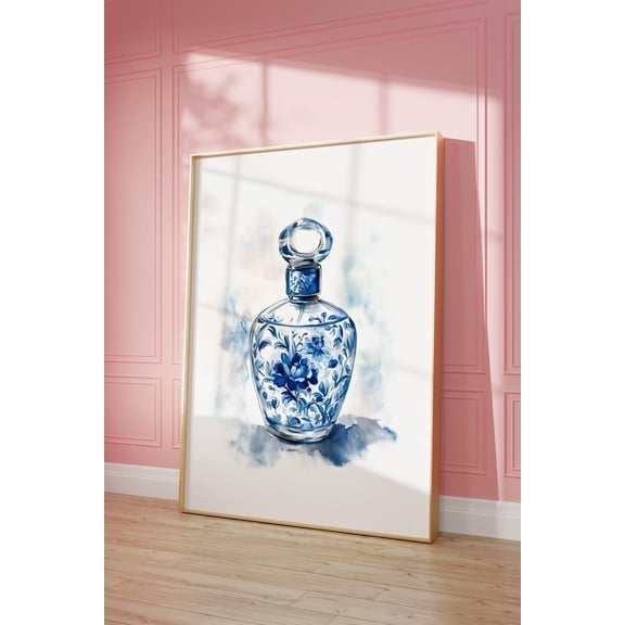 Blue Floral Chinoiserie Perfume Bottle Print Minimalist Cottagecore Wall Art Blue Coquette Poster Office Home Decor #2881, Unframed Poster Size 8x12