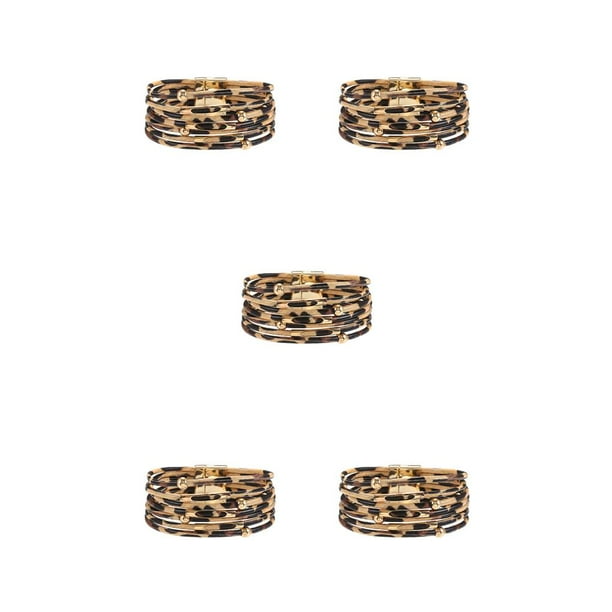 Pulseras de Varias Capas Hebilla de Aleación Ajustable Cuero Estampado de Leopardo Multicolor Qarigey