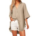 thumbnail image 2 of vigerkar Women Casual V Neck 3/4 Sleeve Button Down Shirts High Low Oversized Summer Beach Blouse Tops for Women Coffee, XXL, 2 of 6