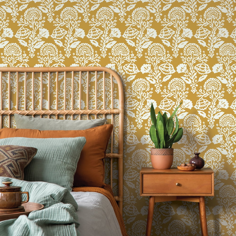 Tempaper Floral Damask Ochre Peel and Stick Wallpaper, 20.5" x 16.5'