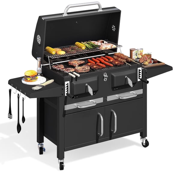 36 In Extra Large Charcoal Grill - 620 Sq.In Oversized BBQ Area with Storage Cabinet & Individual Lifting Charcoal Trays, Foldable Side Tables and Thermometer for Outdoor Grill