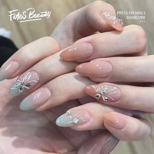 Fofosbeauty 24pcs Press on Nails, 2024 Fake False Nails Tips Design,Almond Macaron Gradient Butterfly