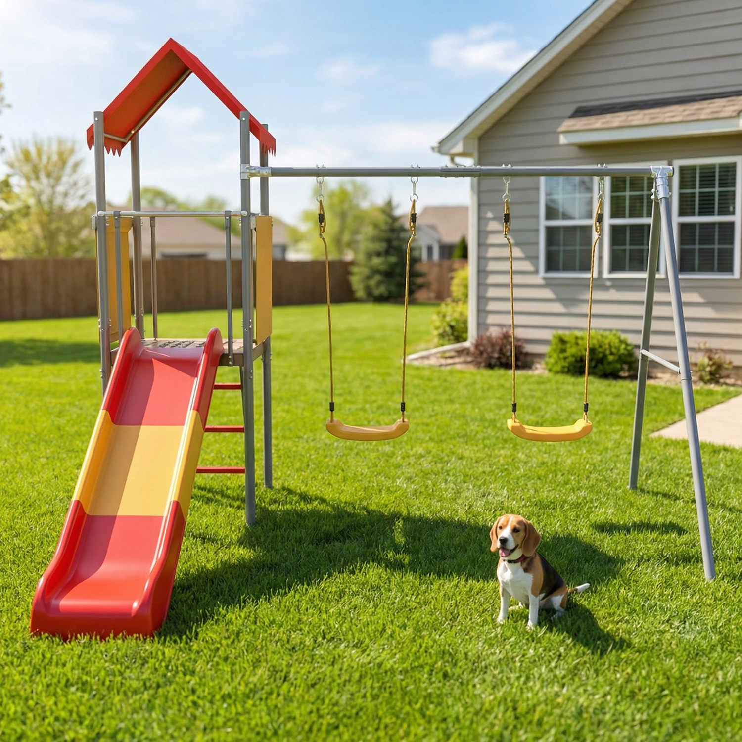 Mersco Metal Treehouse Swing Set with Slide,Heavy Duty Swing A-Frame Stand with 2 Belt Swi - detail 3