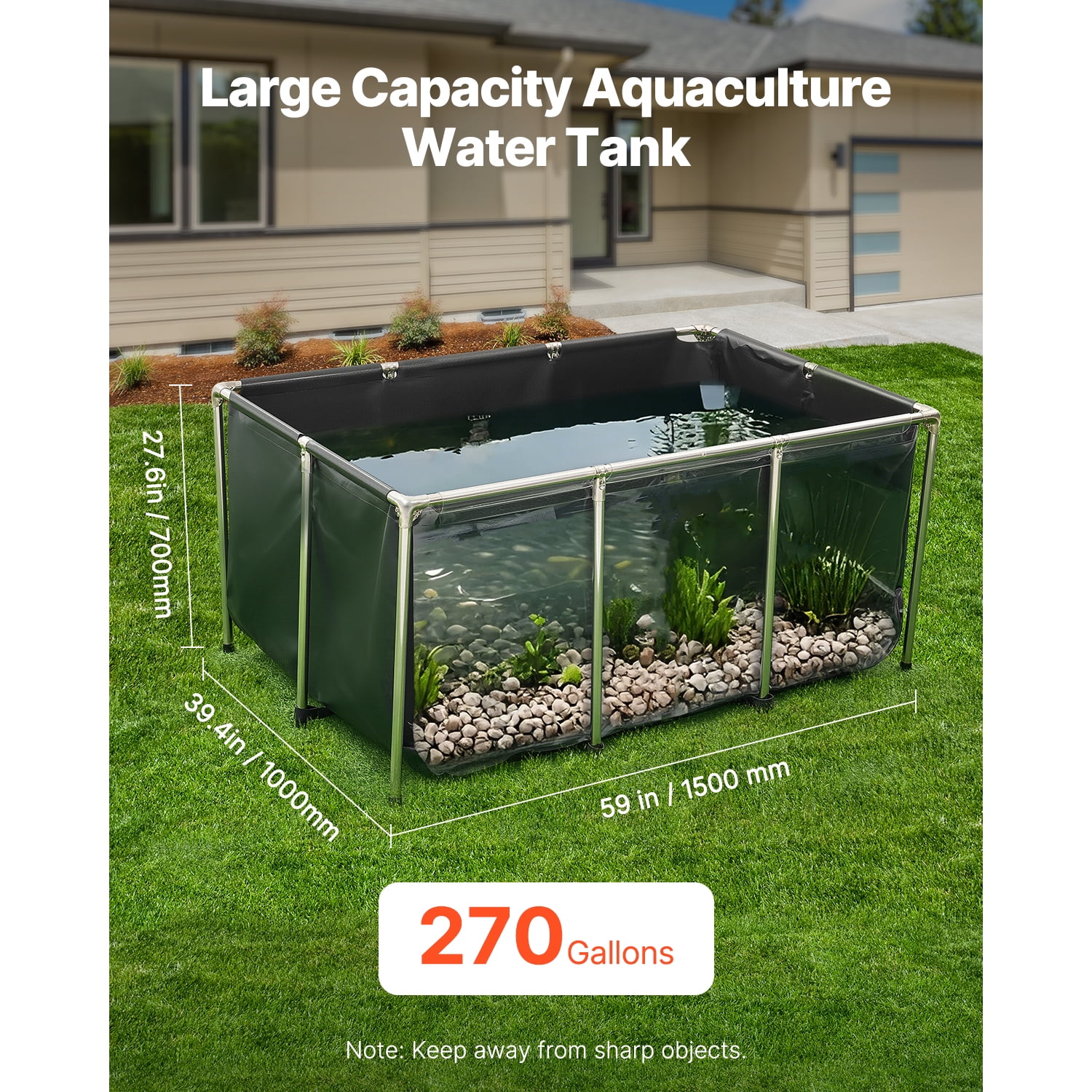 KFFKFF Canvas Fish Pond, 270 Gal Above Ground Tank, PVC Koi Pond with Transparent Viewing Panel, Rectangular Goldfish Tank with Metal Frame & Drain Valve, Suitable for Koi Breeding and Irrigation