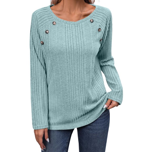 Gibobby Blusas Para Mujer Elegantes Top de manga larga con botones de color sólido y cuello redondo con tiras para mujer(Verde, XL)