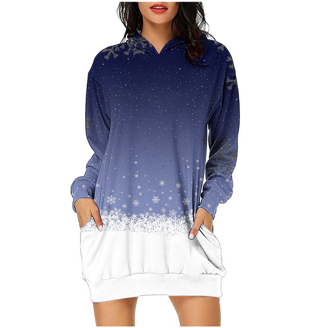 Pisexur Robes de Noël pour Femmes Mode Imprimé Flocon de Neige Sweat à Capuche Robe Décontractée Manches Longues Robes d'Automne Robe de Fête Mini Robe avec Poches