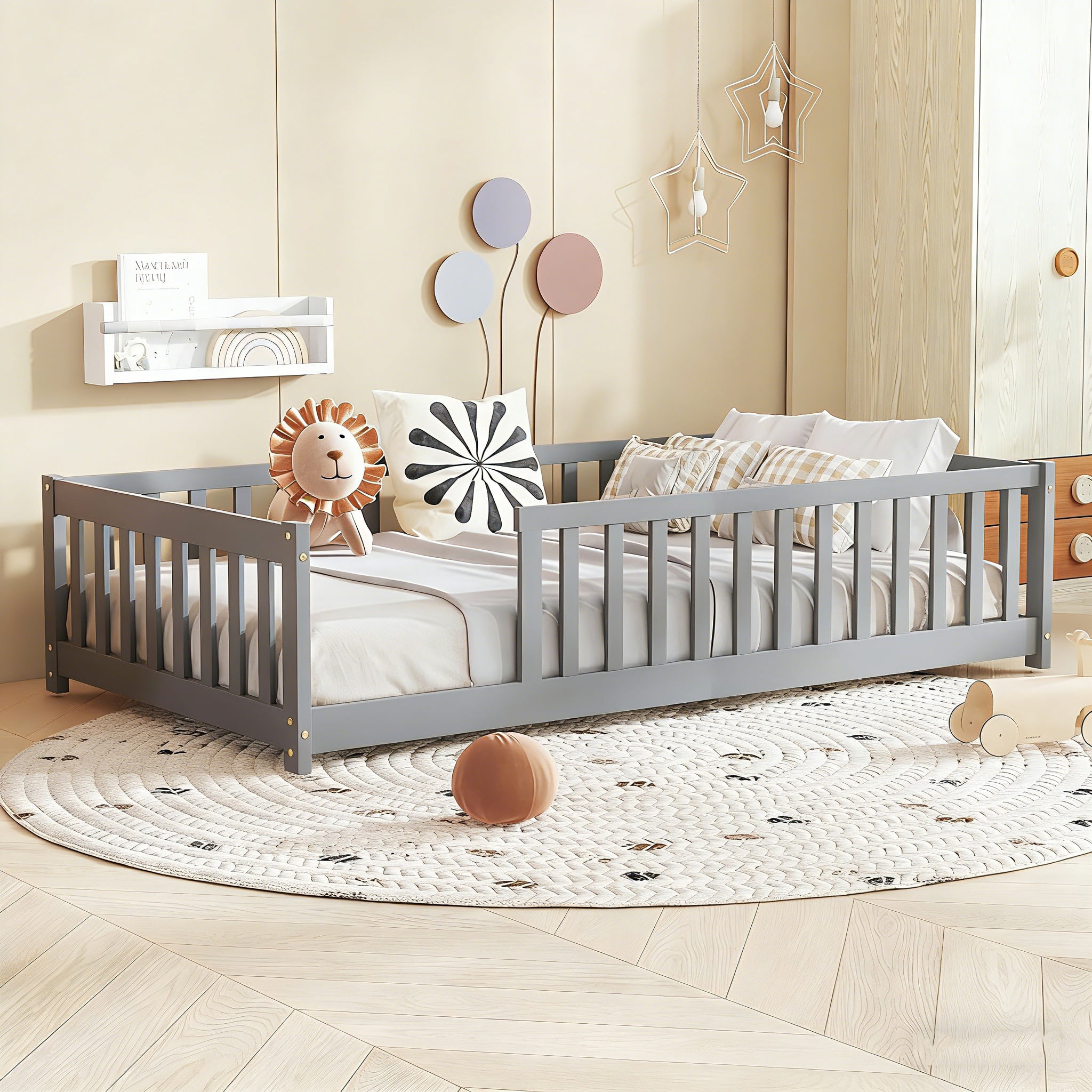 Bellemave Twin Size Floor Beds, Wood Montessori Bed with Fence Railings & Support Slats, No Box Spring Needed (Gray）