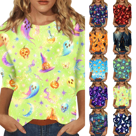 Halloween Costumes for Women 3/4 Length Sleeve Tops Halloween Skull Graphic Loose Fit Daily Wear Crewneck T Shirts Light Green 3XL