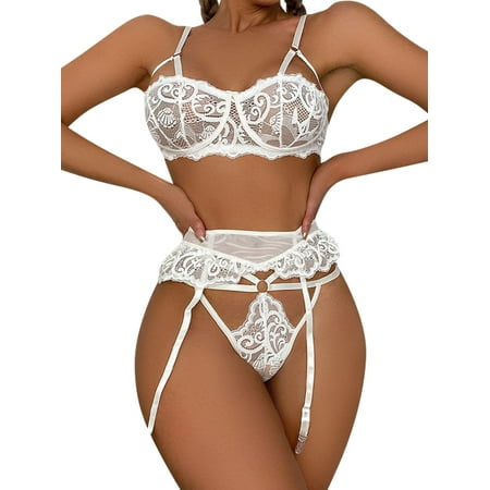 

Voguele Ladies Bodysuit Lace Teddy Babydoll 3 Pieces Slim Fit Lingerie Set Deep V Neck Women High Waist Bra And Thong Backless Without Stocking White L