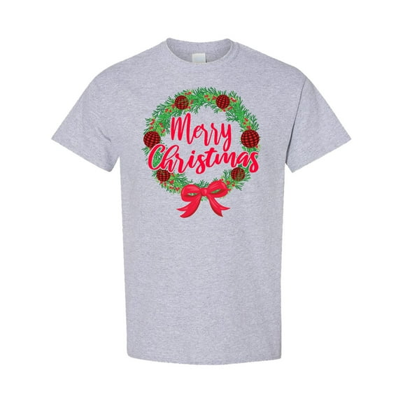 Inktastic Merry Christmas Wreath with Red Bow and Ornaments T-Shirt