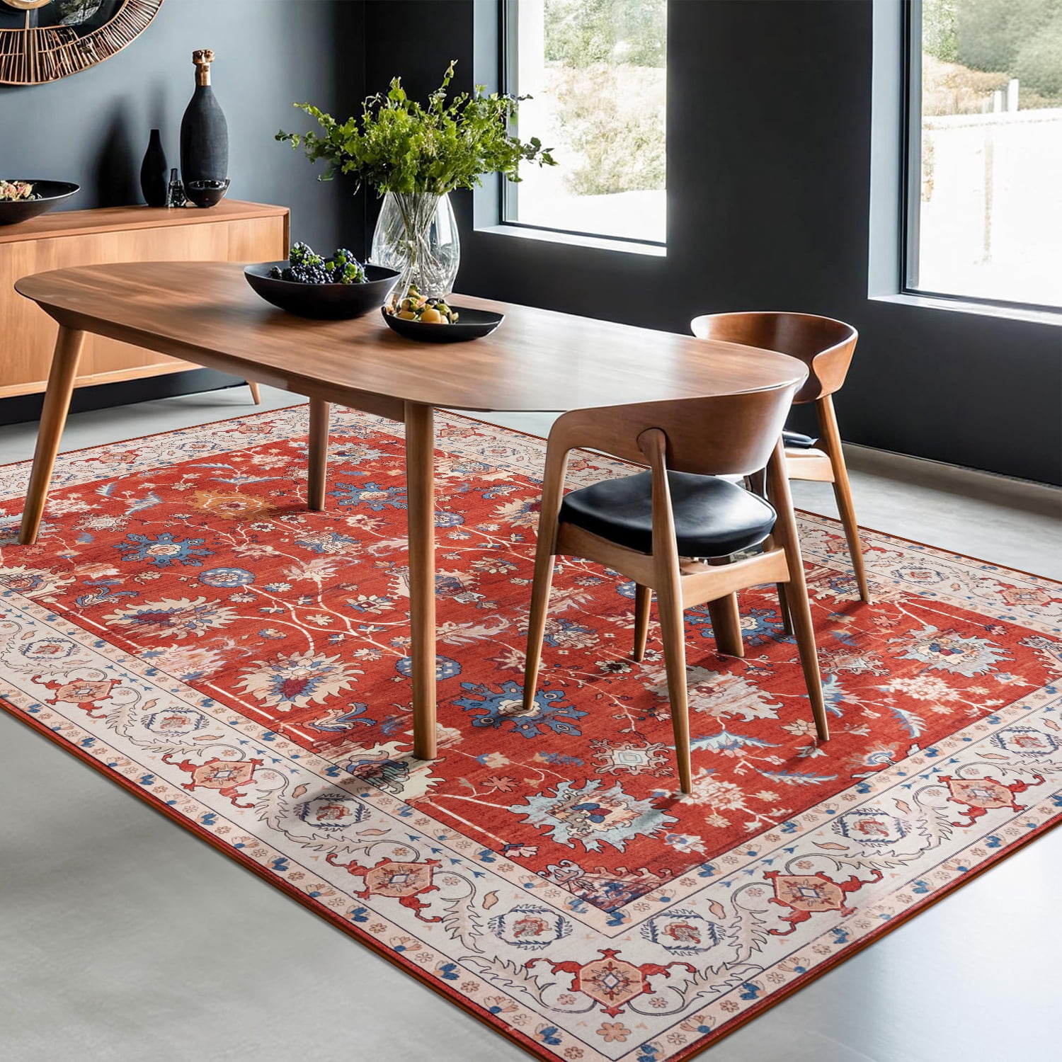Wondo 8x10 Vintage Bohe Washable Red Area Rug for Living Room, Bedroom, Dining Room, Office, Nursery Anti-slip Easy Care Carpet, Ultra-thin Stain Resistant Indoor Low Pile Carpet