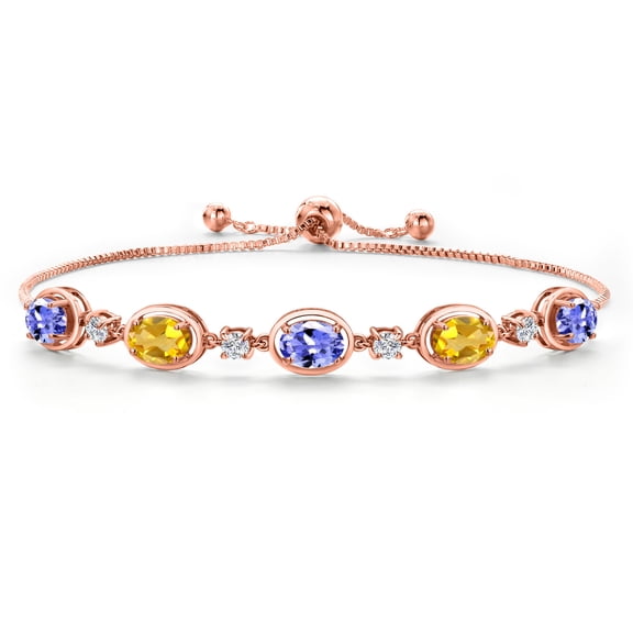 Gem Stone King 18K Rose Gold Plated Silver Blue Tanzanite and Yellow Citrine Bracelet for Women | 3.70 Cttw | Gemstone December Birthstone | Oval 7X5MM | Fully Adjustable 9 inch