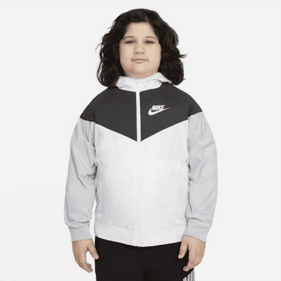 Nike Sportswear Windrunner Big Kids' (Boys') Loose Hip-Length Hooded Jacket (Extended Size) Color: White/Black/Wolf Grey/White Size: S