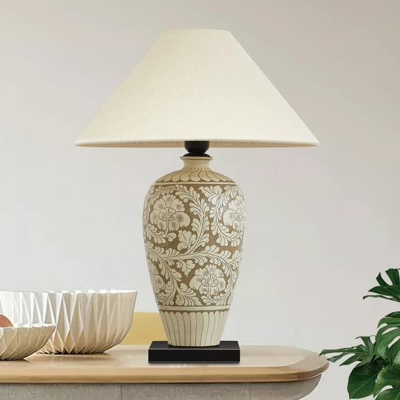 Deyidn 23" Vintage Table Lamp, Handmade Style Ceramic Base with Linen Shade for Bedroom, Living Room & Office