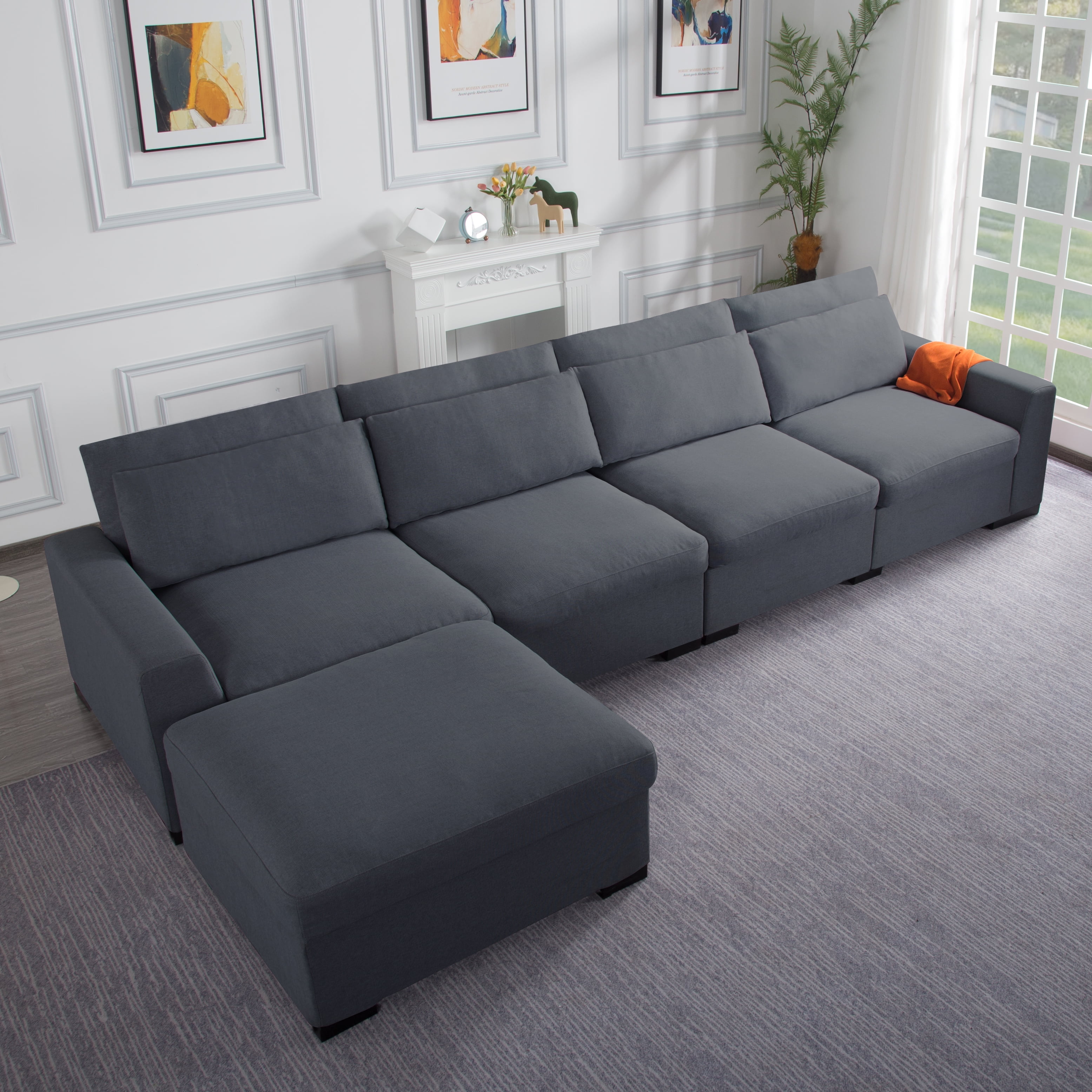 Gewnee Modern 149" Modular Sectional Sofa with Ottoman,Extra Wide & Deep,Removable Washable Covers,Includes 3 Lumbar Pillows for Living Room,Office.Dark Grey