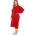 thumbnail image 3 of Vestido ajustado con cinturón y mangas largas tipo farol con cuello redondo para mujer en talla grande, 3 of 6