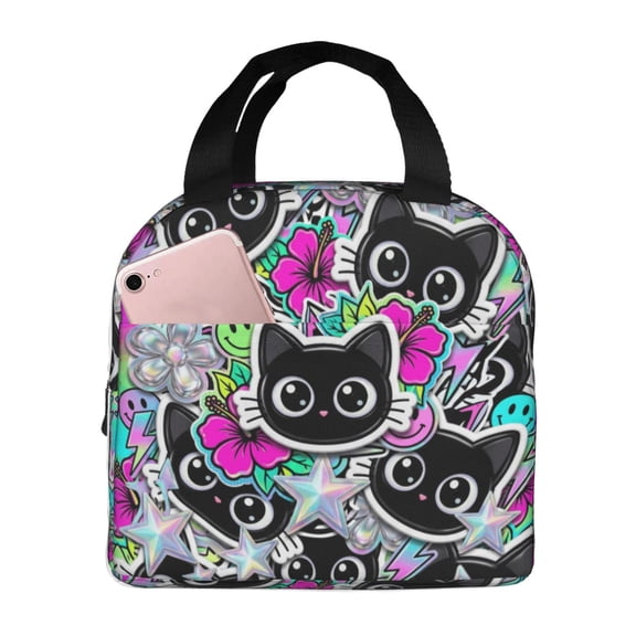 Black Cat Lunch Bag Insulated Reusable Leakproof Thermal Bag With Front Pocket Lunch Box For Work Office Gym Men Women Daily Commute