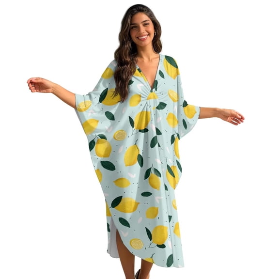 Xoenoiee Lemon Leaves Print Kaftan Dresses for Women V Neck Summer Swimsuit Cover up Batwing Sleeve Caftan Maxi Beach Dresses Boho Moomoo Dresses