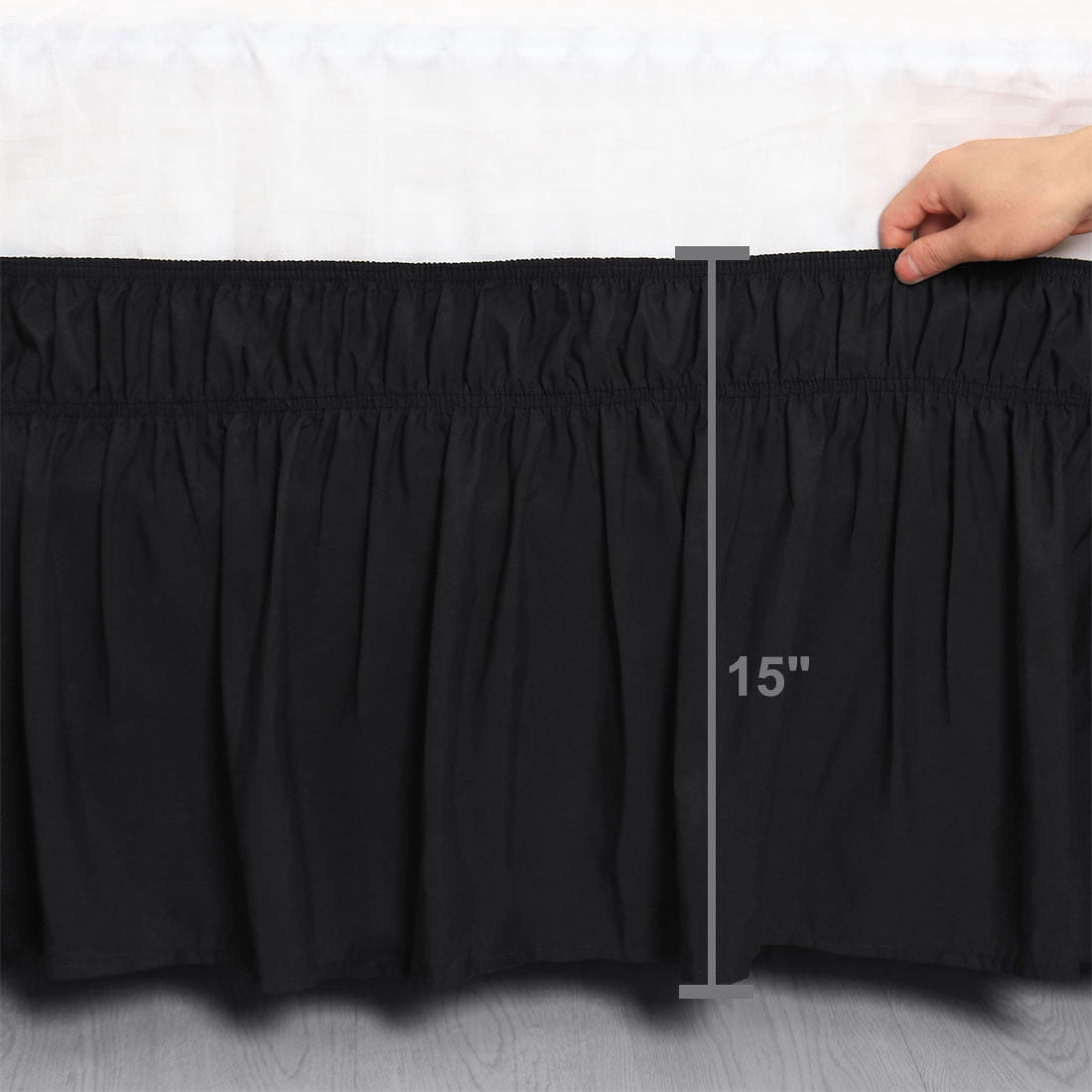 Unique Bargains Elastic Dust Ruffled Bed Skirt with 15" Drop Queen Black