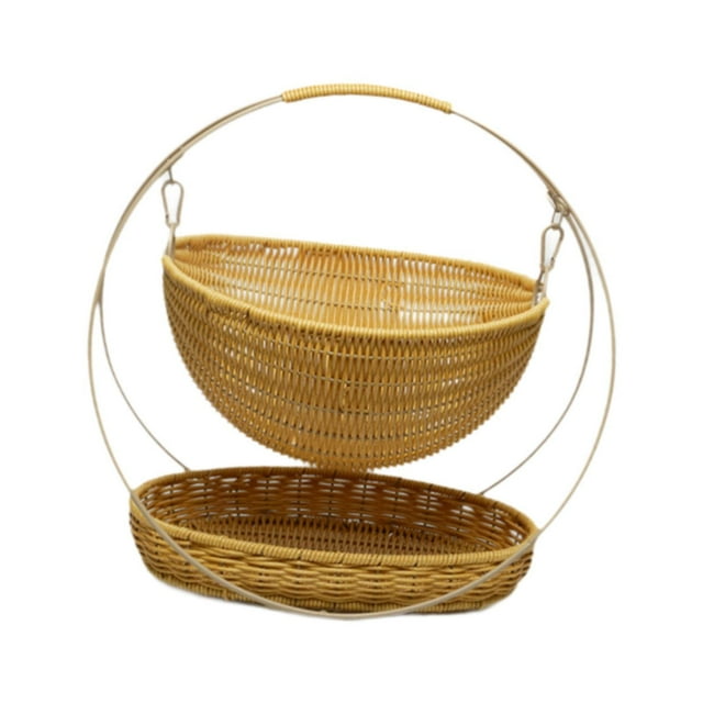Cesta tejida de 2 niveles, cesta de almacenamiento tejida, cesta portátil tejida a mano, cesta de frutas de imitación de ratán para playa, hogar, beige grande