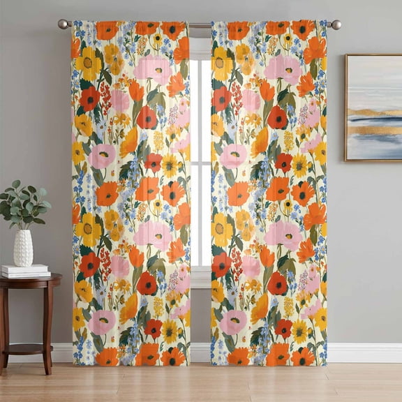 Watercolor Floral Sheer Curtains 96 Inch Length 2 Panels Set Window Treatments, Spring Poppy Daisy Flowers Botanical Beige Rod Pocket Semi Curtains for Living Room/Bedroom/Kitchen, 104"W x 96"L