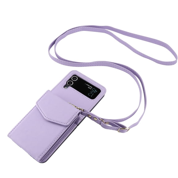 Allytechgroup Galaxy Z Flip 3 Case with Wallet for Girls Women, RFID Blocking Detachable Shoulder Strap Cards Holder Slim Case Cover for Samsung Galaxy Z Flip 3, Lightpurple