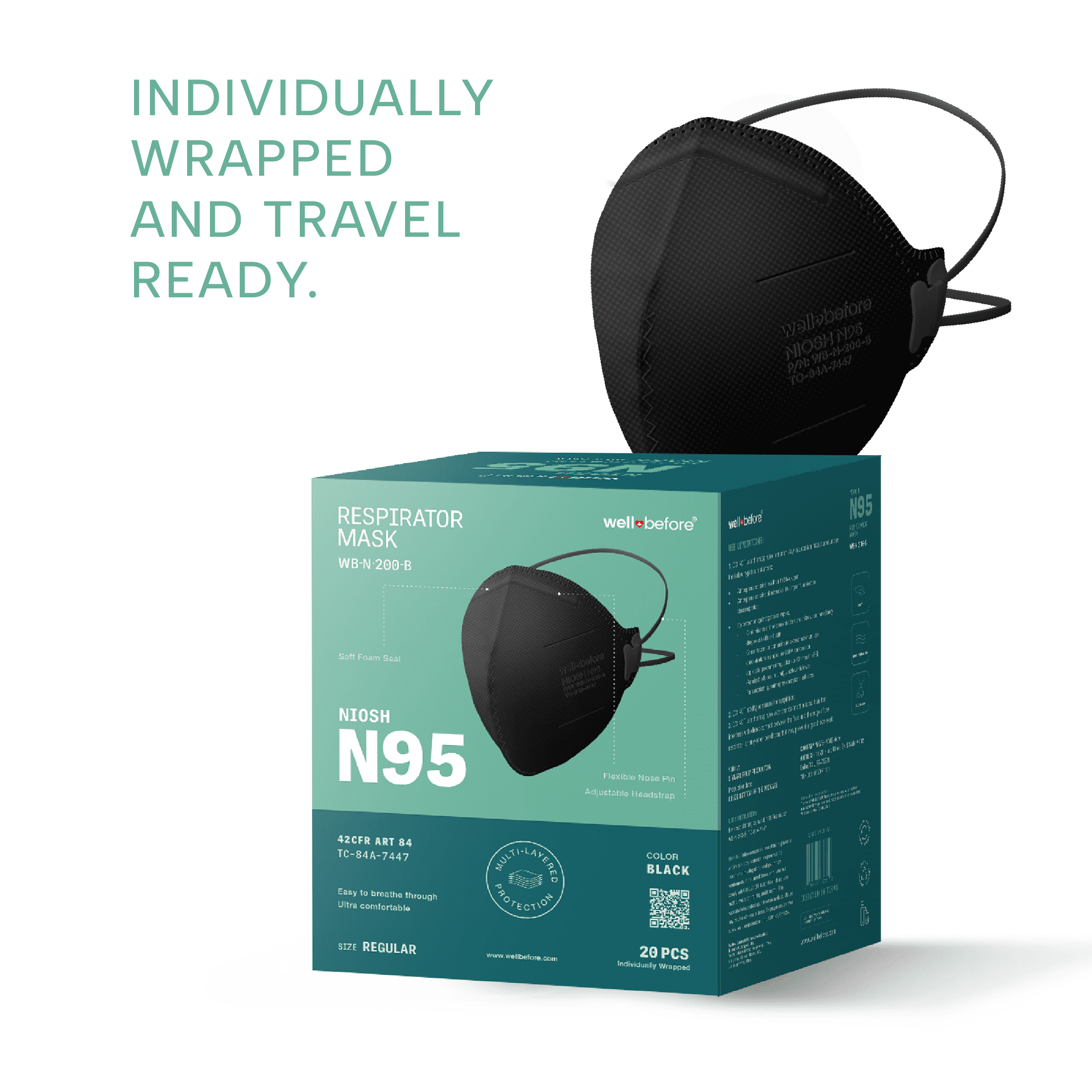 Well Before N95 Mask - NIOSH Approved (Black, Pack of 20), Lightweight design, Breathable and comfortable for long periods of wear, N95 Masks For Adults helps filter Pollen and Dust, Universal Fit