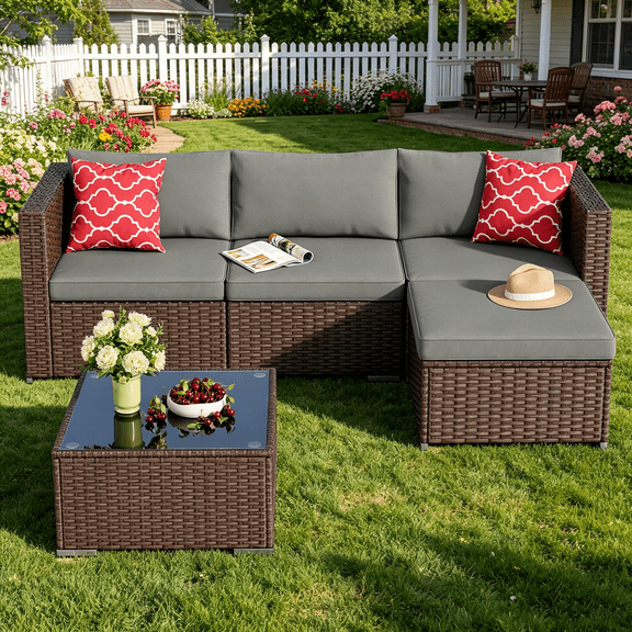Patio Furniture Set, Asofer  5 Piece Outdoor Conversation Sectionals with Cushions and Tea Table, Gray