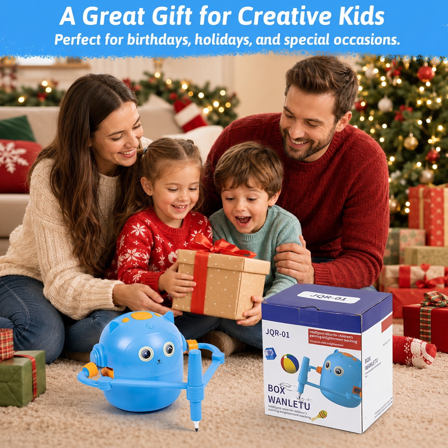 Drawing Robot for Kids, Interactive Educational Drawing Robot with Voice Interaction, Magic Painting Robot Toy with 100 Word Cards & 16 Color Pens for Girls and Boys Age 3+ (Blue)