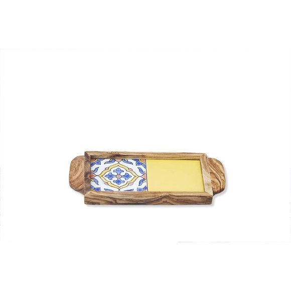 Bandeja Kamsah de madera de olivo con azulejos de cerámica hecha a mano