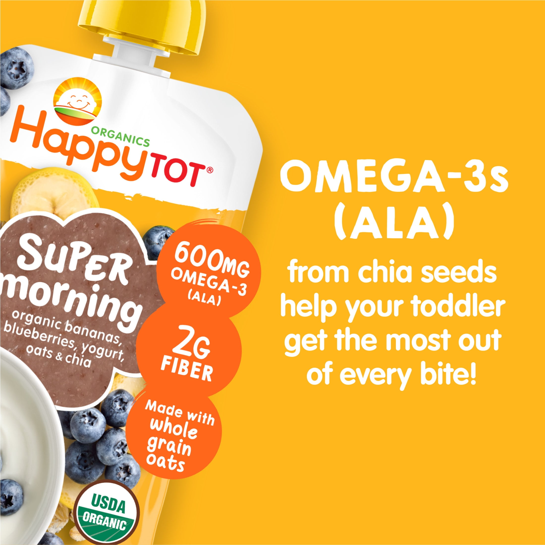(12 pack) Happy Tot Organics Super Morning Stage 4, Bananas Blueberries Yogurt & Oats, Organic Tot Food, 4 oz. Pouch