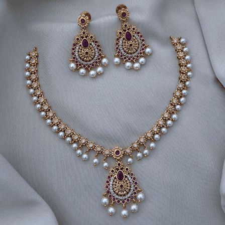 South Indian Ruby CZ Choker Necklace with Earrings – Gold Plated Bollywood Pearl Jewelry Set