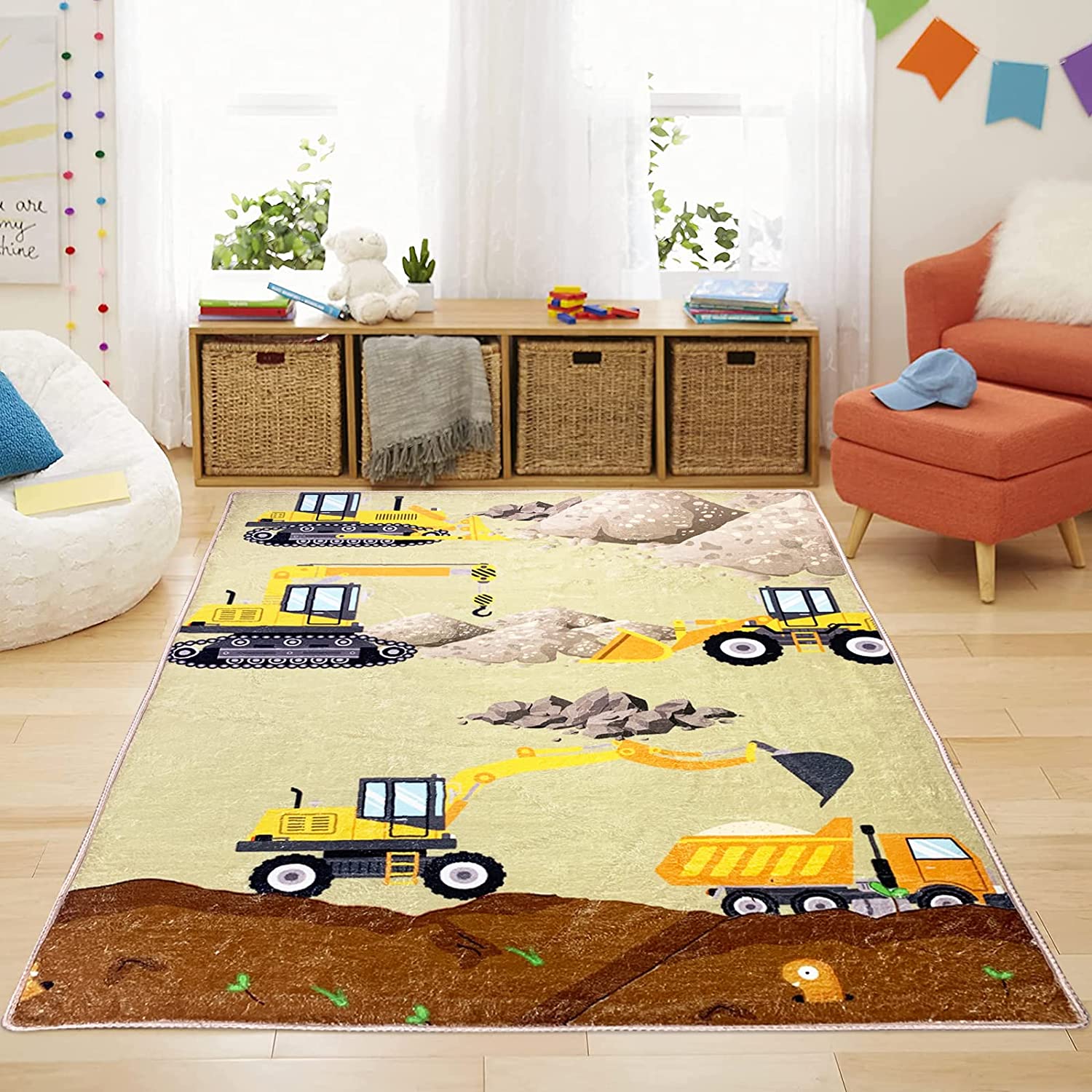 LINSHUI Large Thick Kids Play Mat 5'X7', Construction Play Rug Carpet Cartoon Excavator Kids
