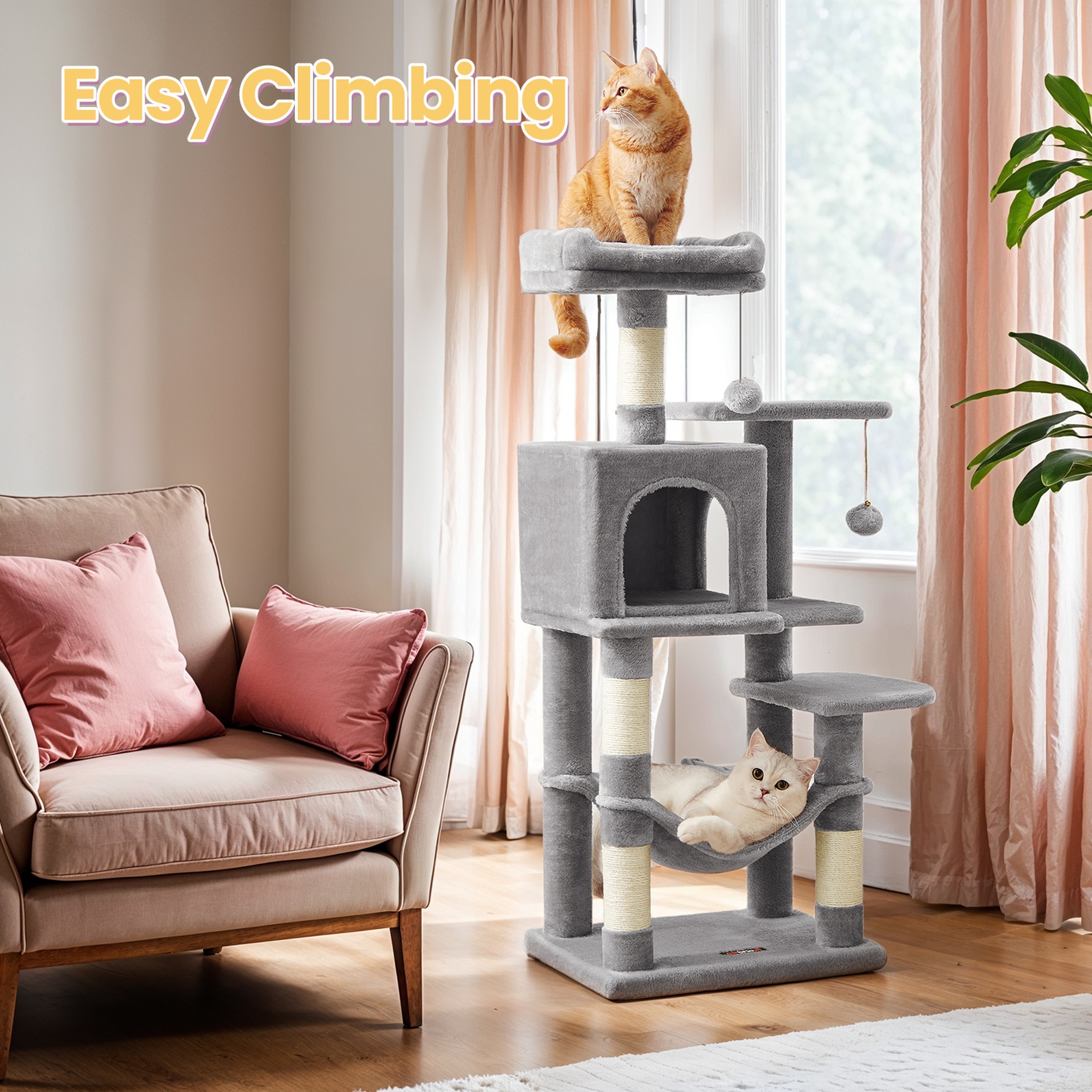 LEDREM 44.1-Inch Multi-Level Cat Tree with Hammock, 2 Perches & Cave, 4 Scratching Posts & Pompoms for Indoor Cats, Light Gray