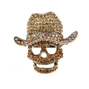 Golden Tone Topaz Crystal Rhinestone Skull Cute Cowboy Hat Statement Ring